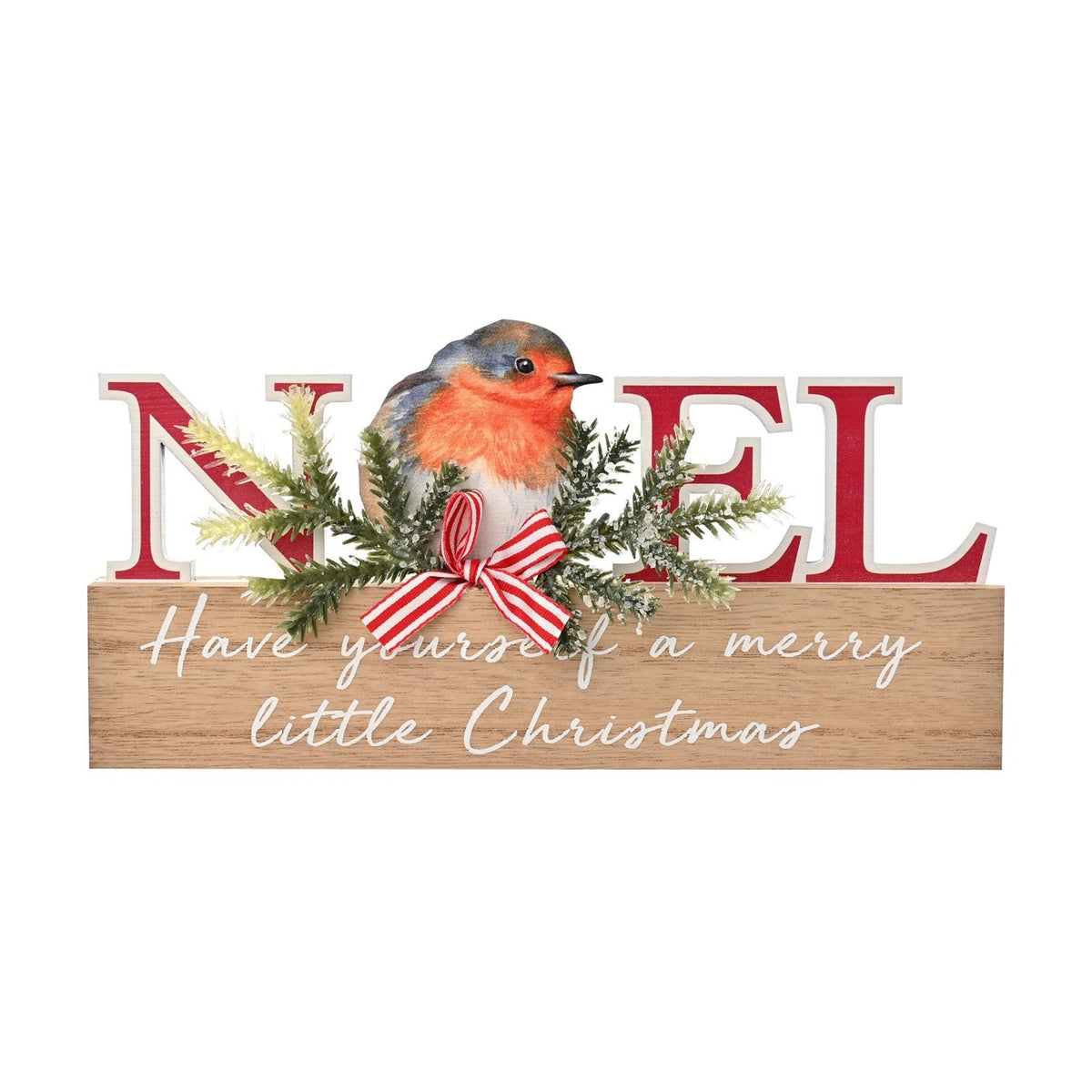 Noel Robin Mantle Plaque with Greenery and Striped Bow - Red