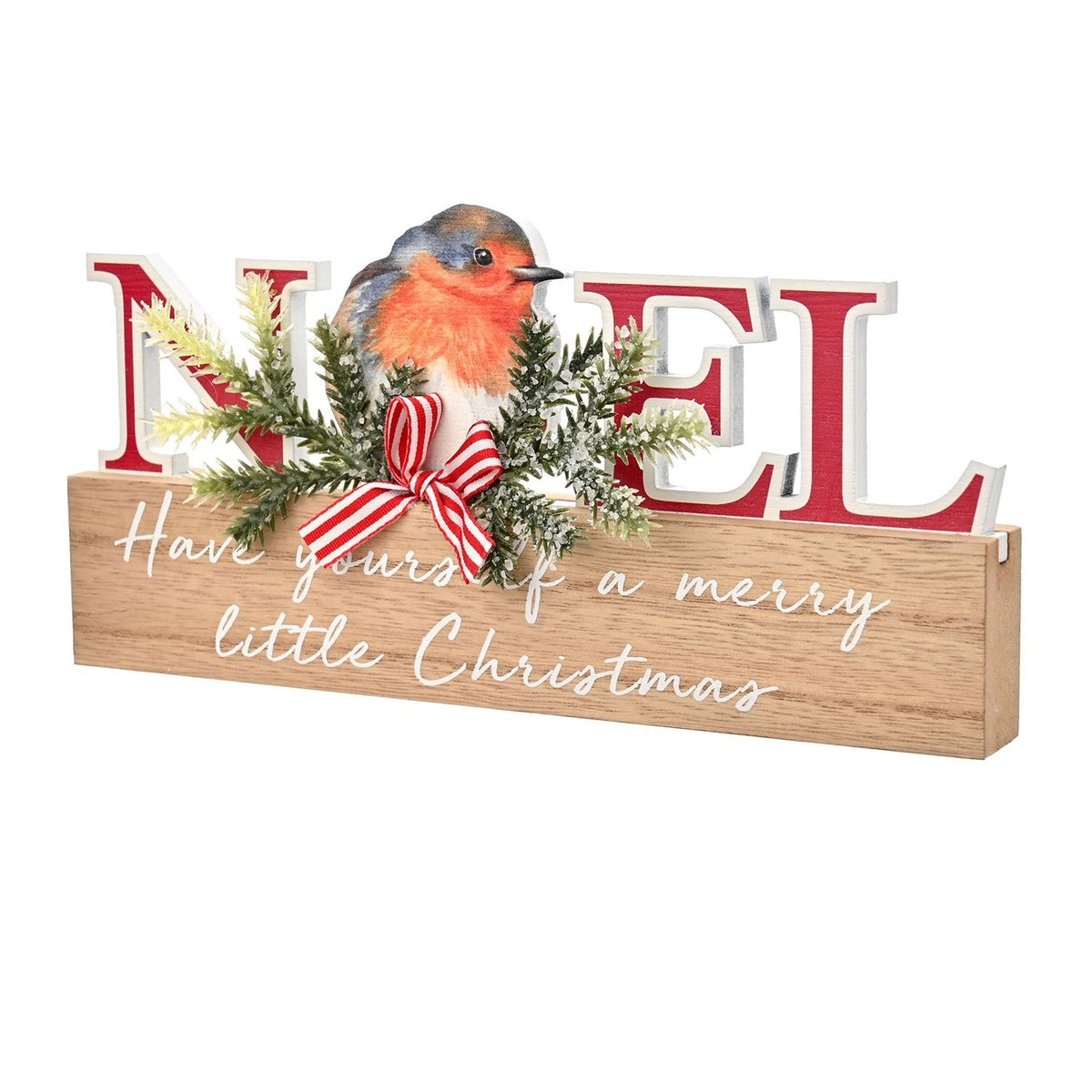Noel Robin Mantle Plaque with Greenery and Striped Bow - Red