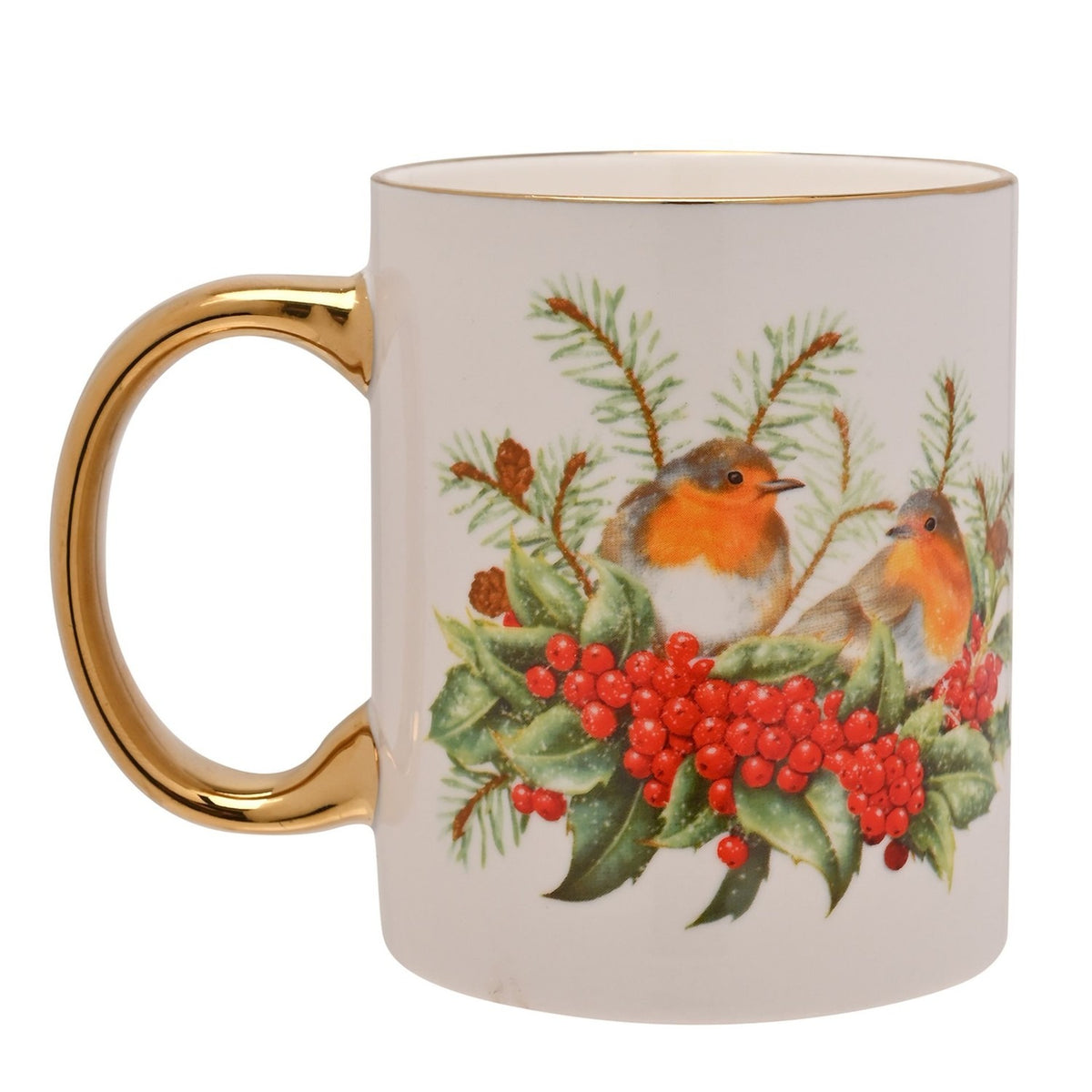 Robins Porcelain Mug with Gilt Handle and Rim - White & Gold