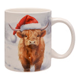 Christmas Snowy Highland Cow Porcelain Mug - White & Brown