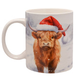 Christmas Snowy Highland Cow Porcelain Mug - White & Brown