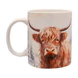 Highland Cow Winter Scene Porcelain Mug - White & Brown