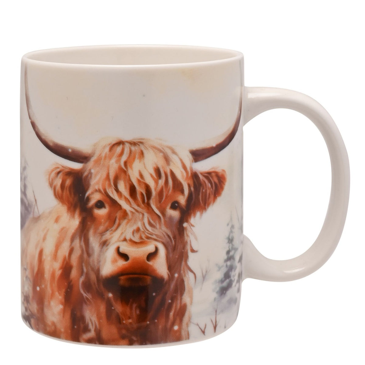 Highland Cow Winter Scene Porcelain Mug - White & Brown