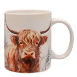 Highland Cow Winter Scene Porcelain Mug - White & Brown