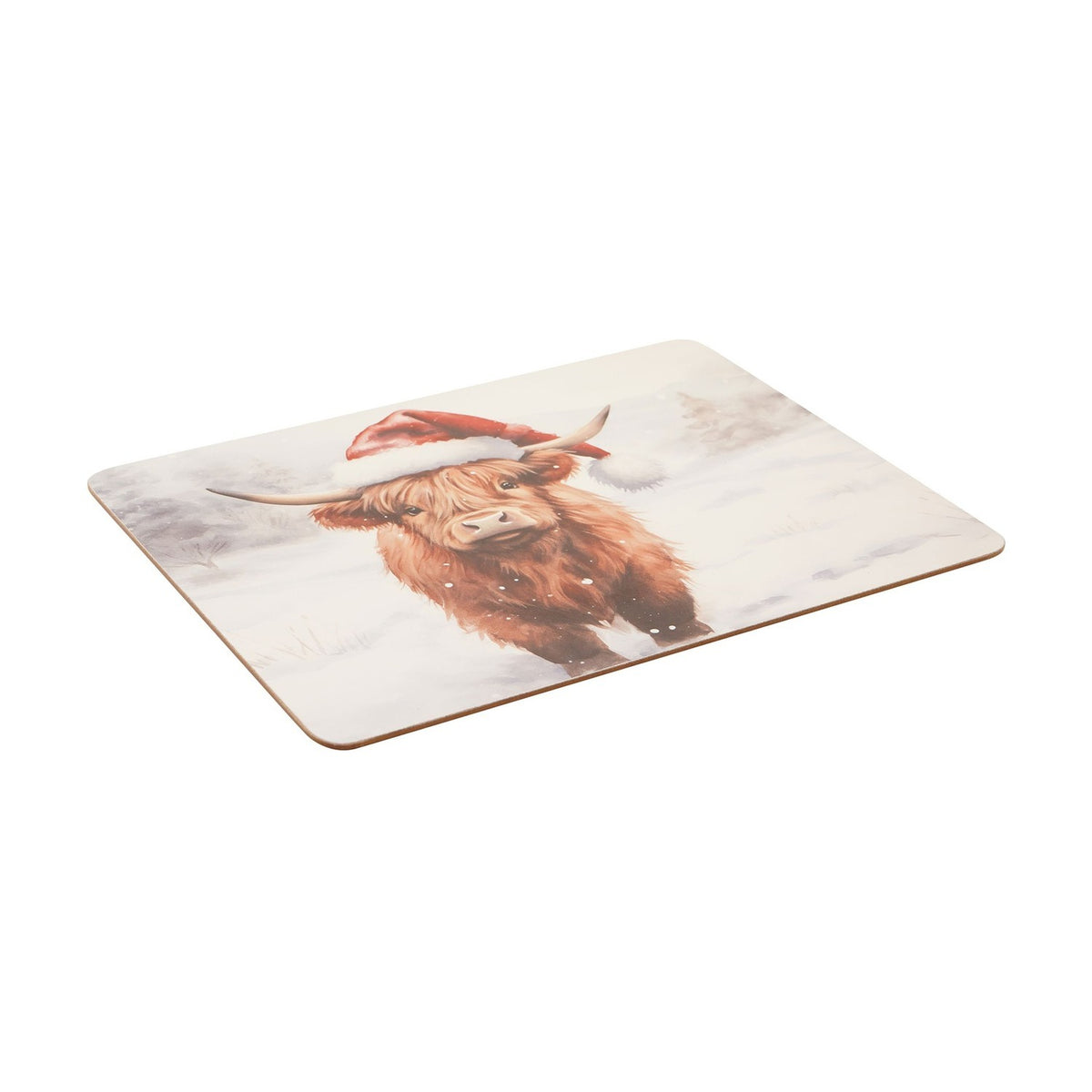 Rectangular placemat printed with a Highland cow in a red Santa hat walking through a snowy, misty landscape, in brown and white tones, shown at an angle on a white background.