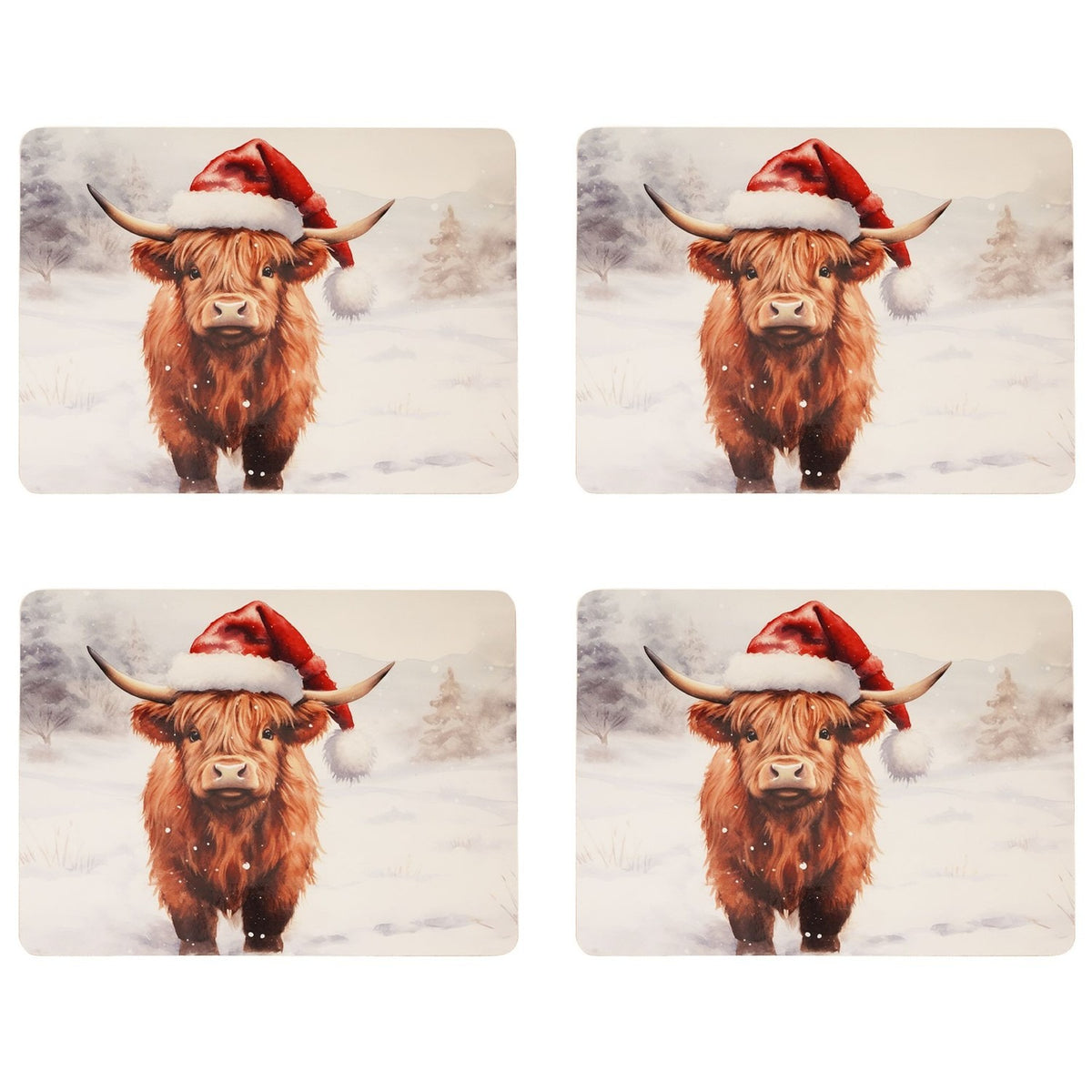 Set of 4 rectangular placemats featuring a Highland cow in a red Santa hat standing in a snowy, misty landscape, in brown and white tones.