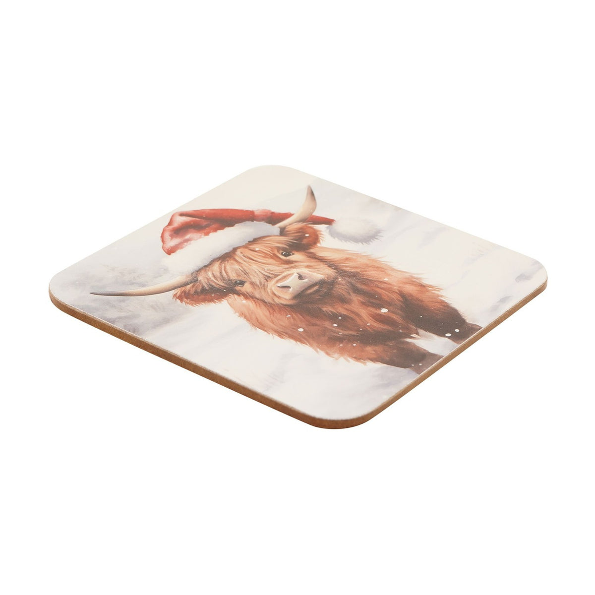 Set of 4 Christmas Highland Cow in Santa Hat MDF Coasters - Brown