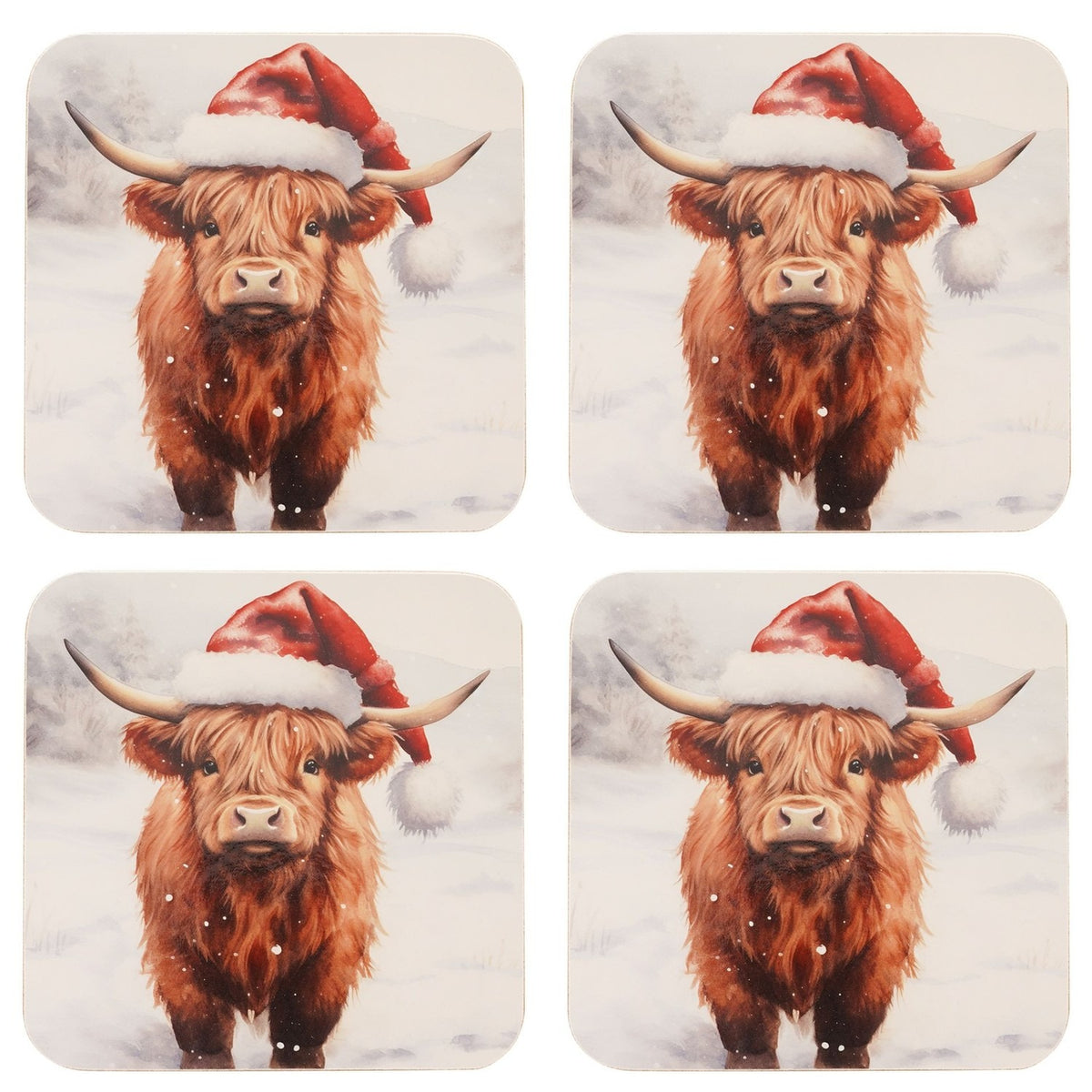 Set of 4 Christmas Highland Cow in Santa Hat MDF Coasters - Brown