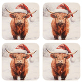 Set of 4 Christmas Highland Cow in Santa Hat MDF Coasters - Brown
