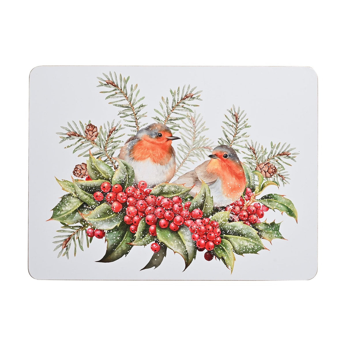 Set of 4 Christmas Robin and Holly Placemats - White & Brown