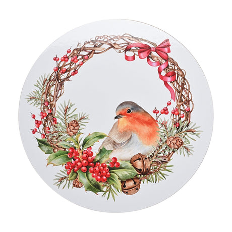 Round placemat, 29cm, with a watercolour robin perched on a twig wreath adorned with holly, red berries, pine cones, jingle bells and a red ribbon bow, on a white background.