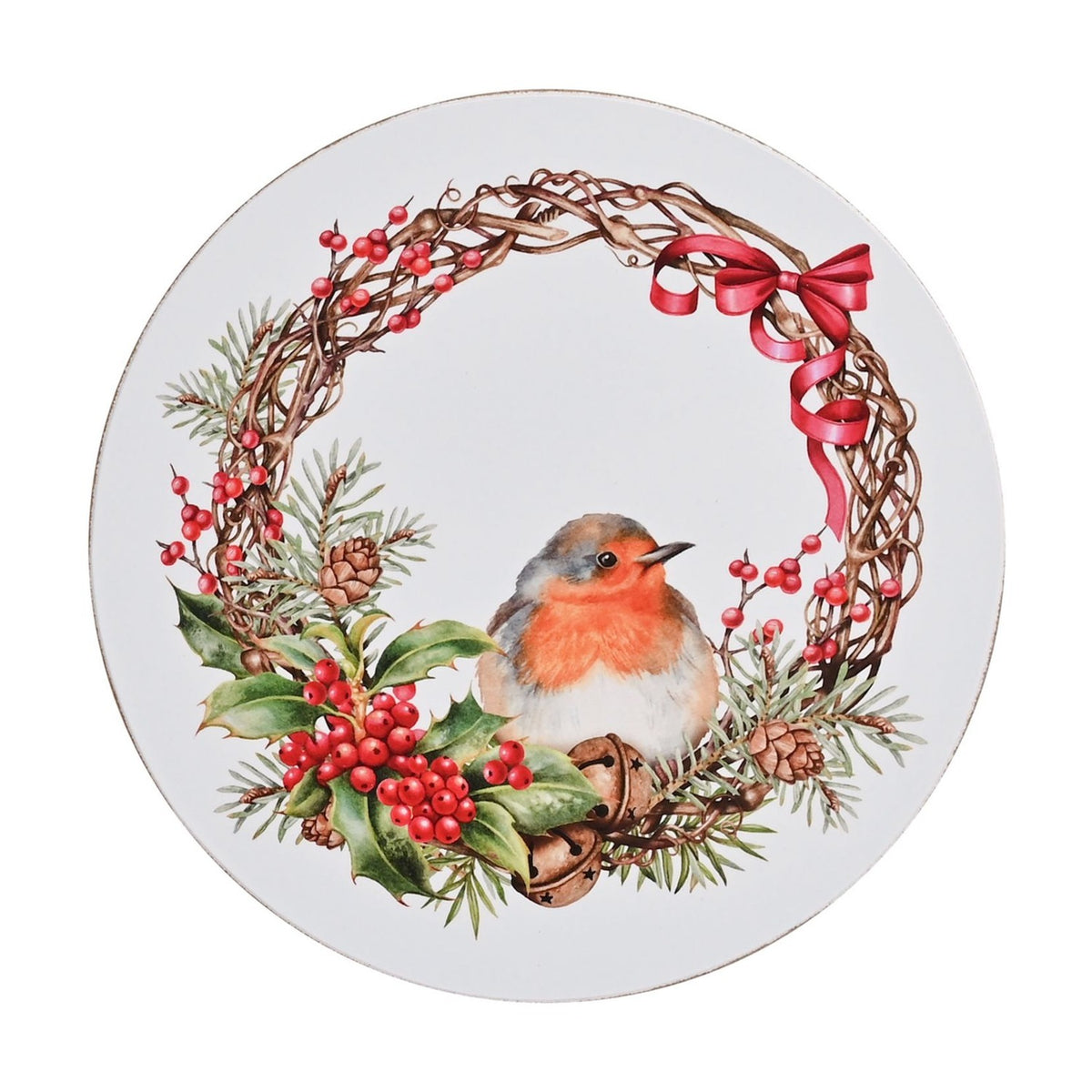 Set of 4 Robin and Holly Wreath Round Coasters 10cm - White
