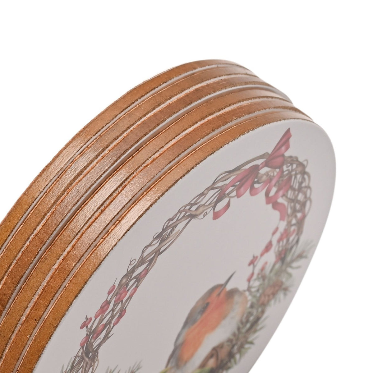 Set of 4 Robin and Holly Wreath Round Coasters 10cm - White