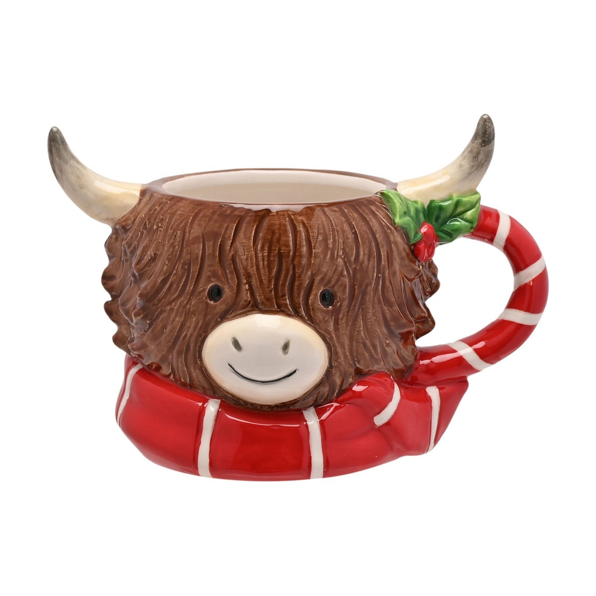 Ceramic highland cow mug with shaggy brown fur, cream horns, a red striped scarf and candy-cane style handle with holly detail, on a white background.