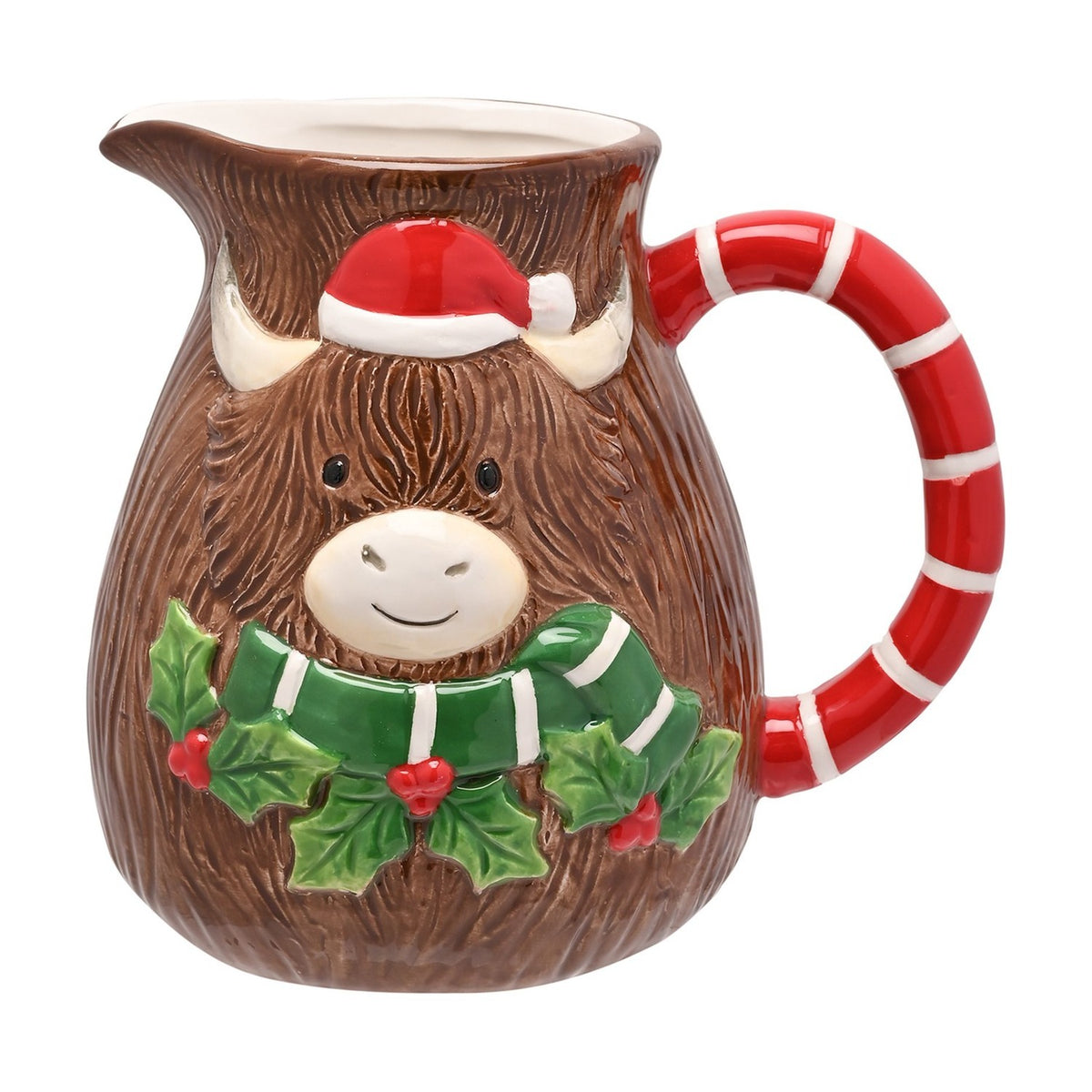 Christmas Highland Cow Ceramic Jug with Santa Hat - Brown
