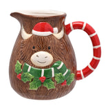 Christmas Highland Cow Ceramic Jug with Santa Hat - Brown