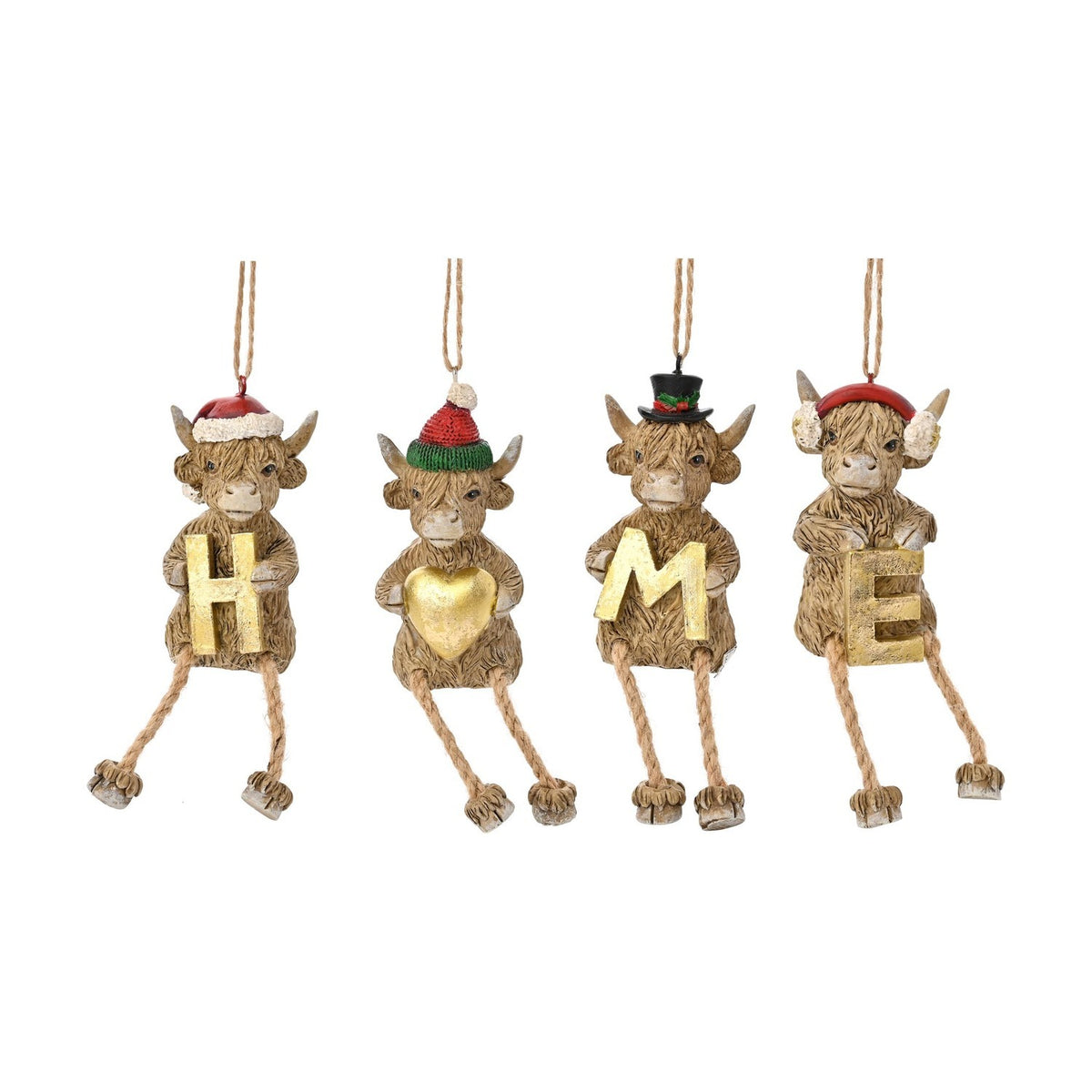 Set of 4 'Home' Highland Cow Christmas Decorations - Brown