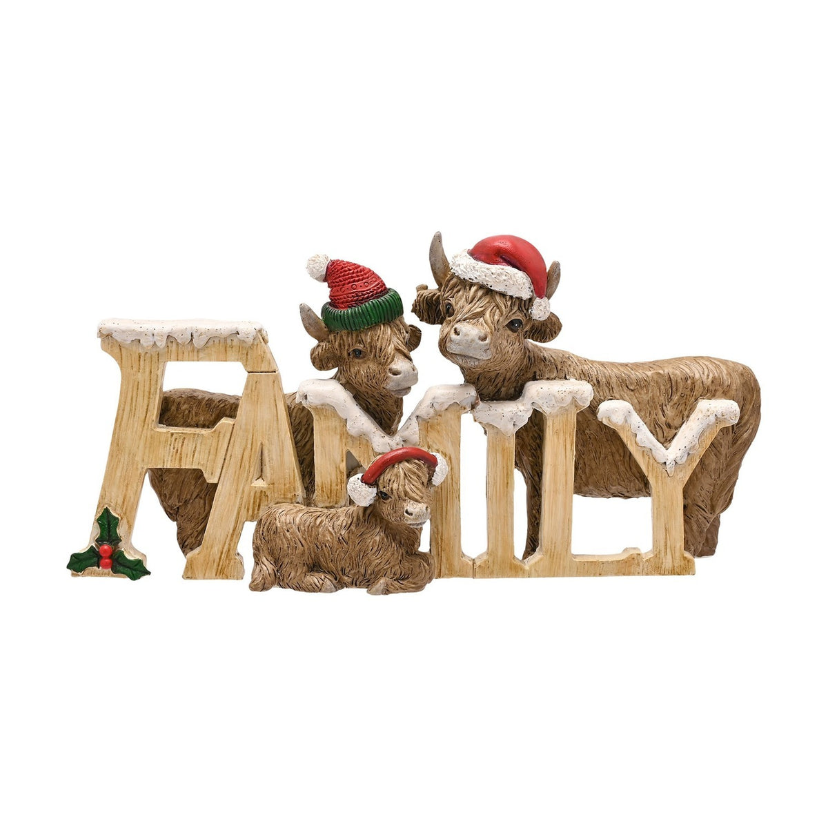Highland Cow Family Resin Figurine with Festive Hats - Brown