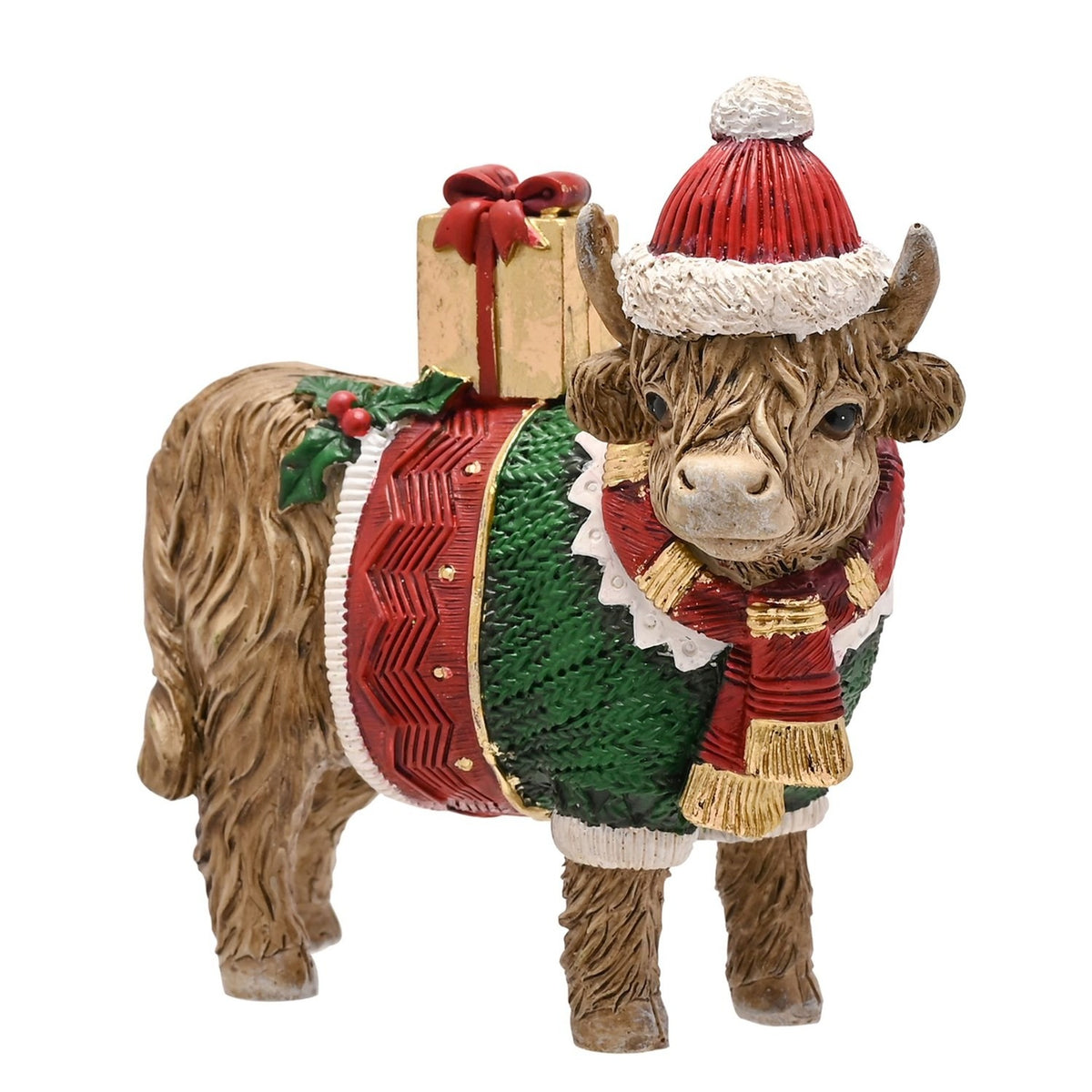 Standing Highland Cow Christmas Figurine with Jumper - Brown