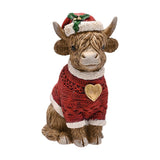 Sitting Highland Cow Christmas Figurine with Santa Hat - Red