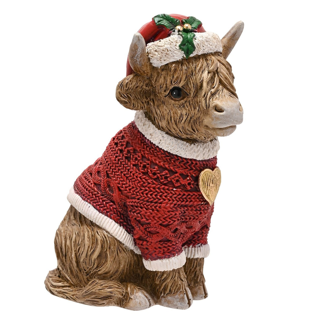 Sitting Highland Cow Christmas Figurine with Santa Hat - Red