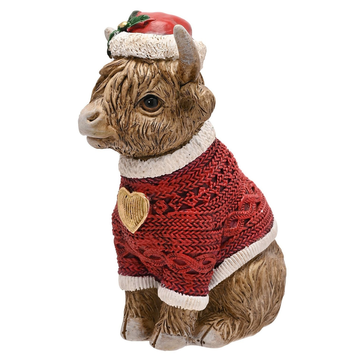 Sitting Highland Cow Christmas Figurine with Santa Hat - Red