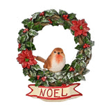 Noel Robin Holly and Poinsettia Wreath Figurine - Green
