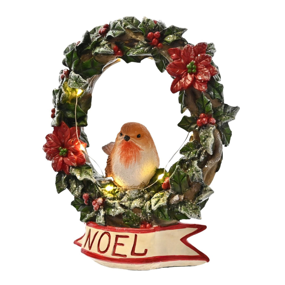 Noel Robin Holly and Poinsettia Wreath Figurine - Green