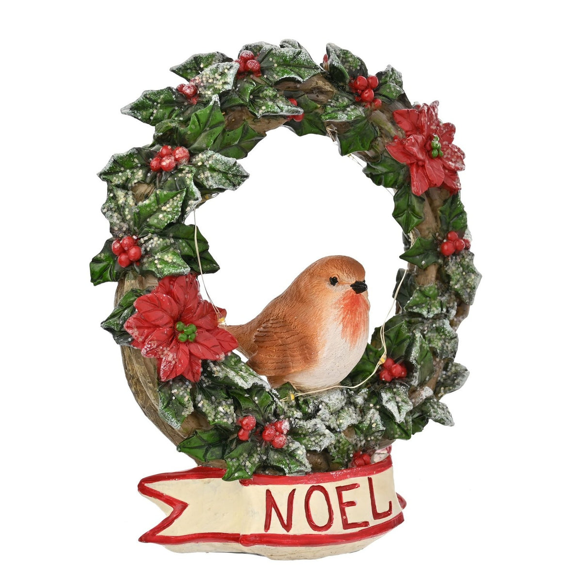 Noel Robin Holly and Poinsettia Wreath Figurine - Green