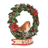 Noel Robin Holly and Poinsettia Wreath Figurine - Green