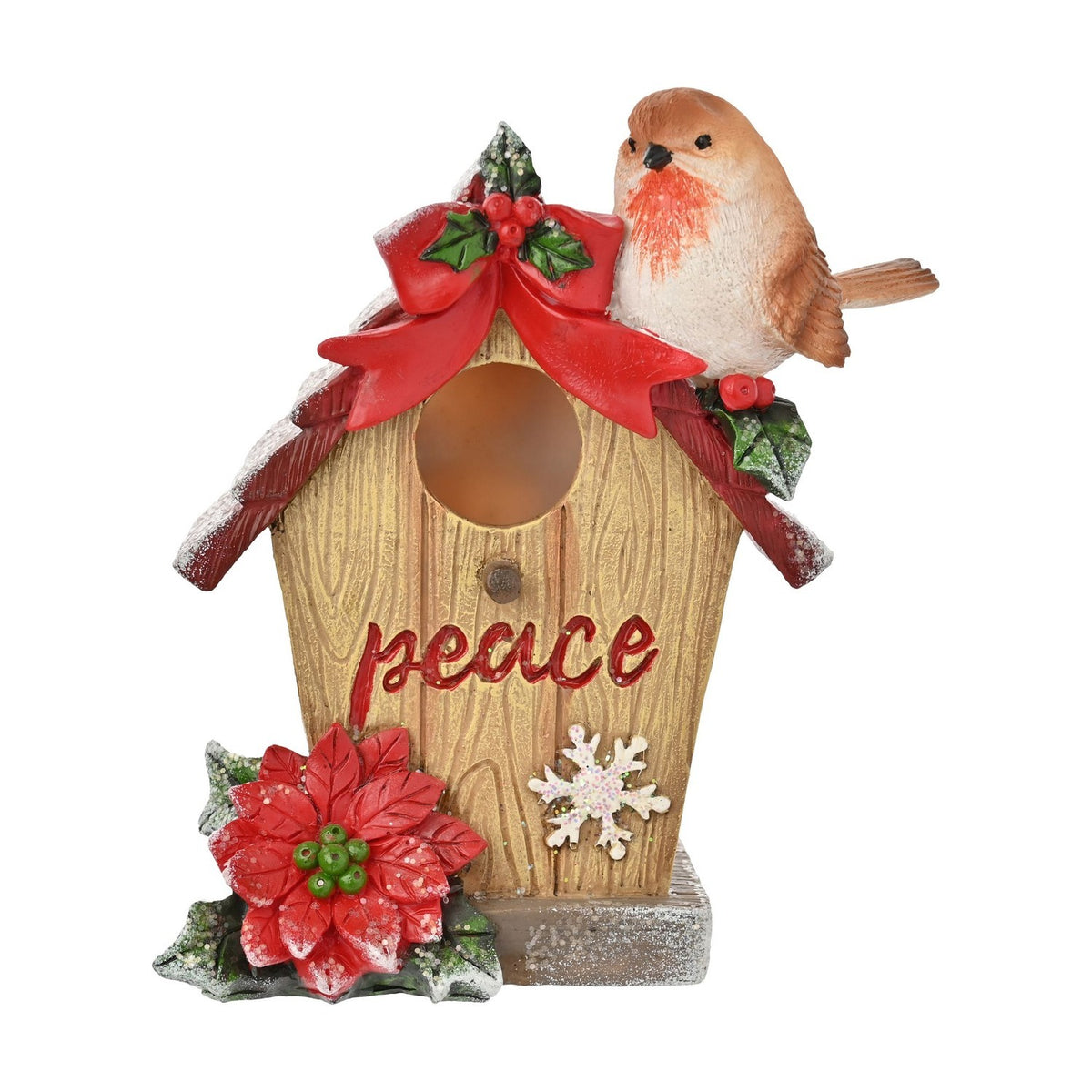 Resin robin bird house figurine with light brown wood-effect finish, red bow, holly, "peace" script, poinsettia, and snowflake detail on a plain white background.