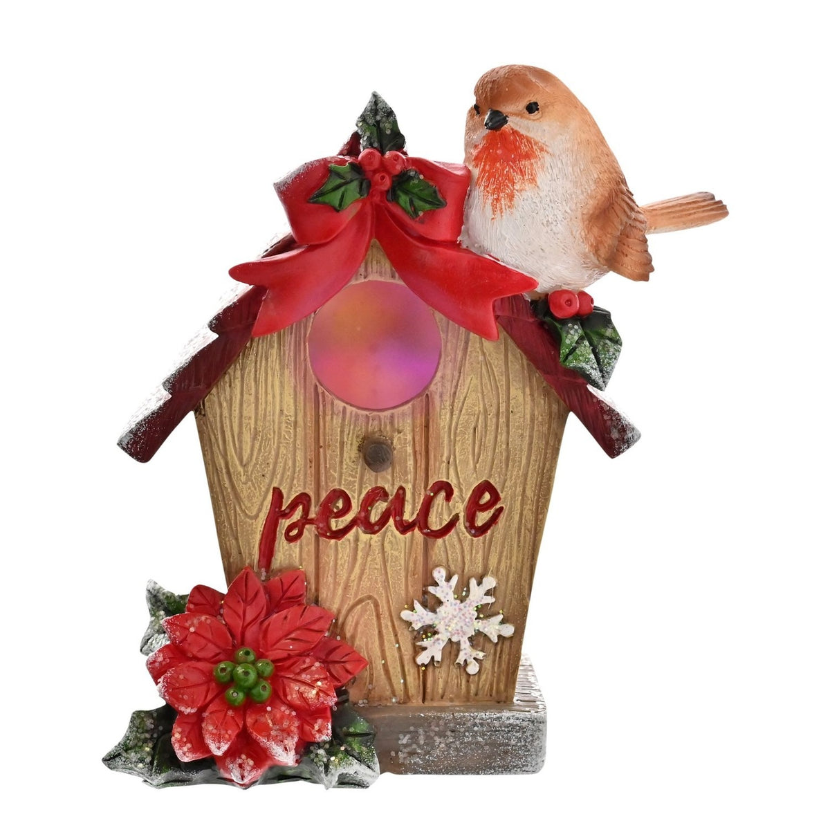 Robin bird house resin figurine with light-up window, a robin perched on a snowy red roof with holly and a bow, "peace" in red script, poinsettia and snowflake detail, on a white background.