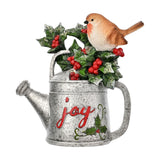 Robin and Holly 'joy' Watering Can Figurine - Silver & Green