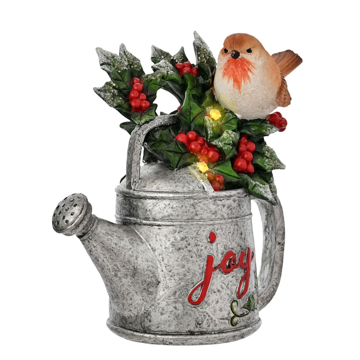 Robin and Holly 'joy' Watering Can Figurine - Silver & Green