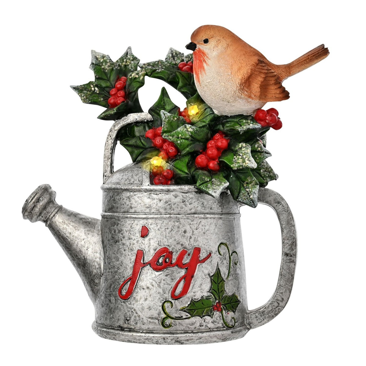 Robin and Holly 'joy' Watering Can Figurine - Silver & Green