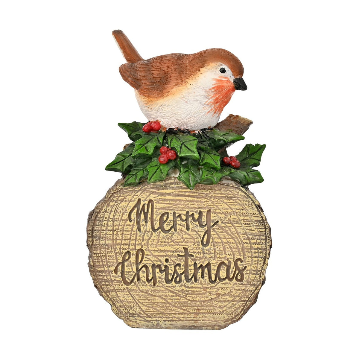Merry Christmas Robin figurine with brown wings perched on a log, surrounded by holly leaves and red berries, "Merry Christmas" script on the log front, plain white background.