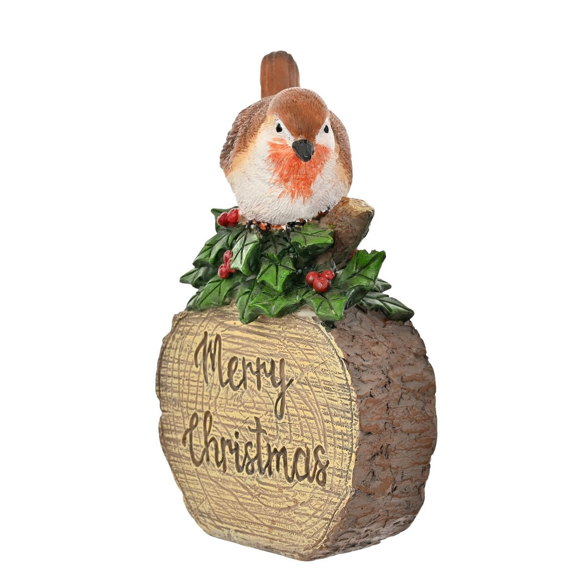 Merry Christmas Robin Sitting on a Log Figurine in brown, with holly and berries at its base and "Merry Christmas" carved into the wood grain, shown on a plain white background.