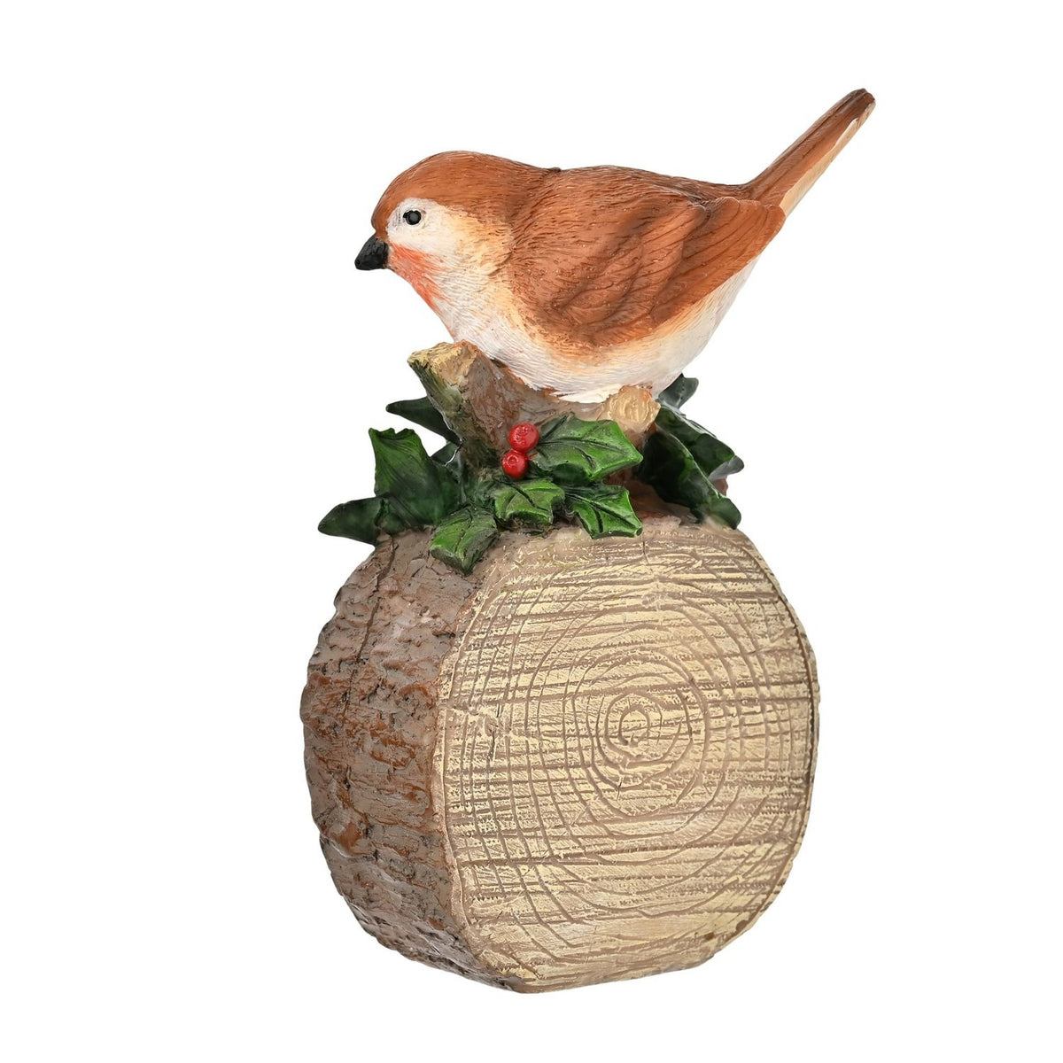 Christmas Robin Sitting on a Log Figurine in brown, perched above holly and red berries on a textured wood-grain log base, shown on a plain white background.