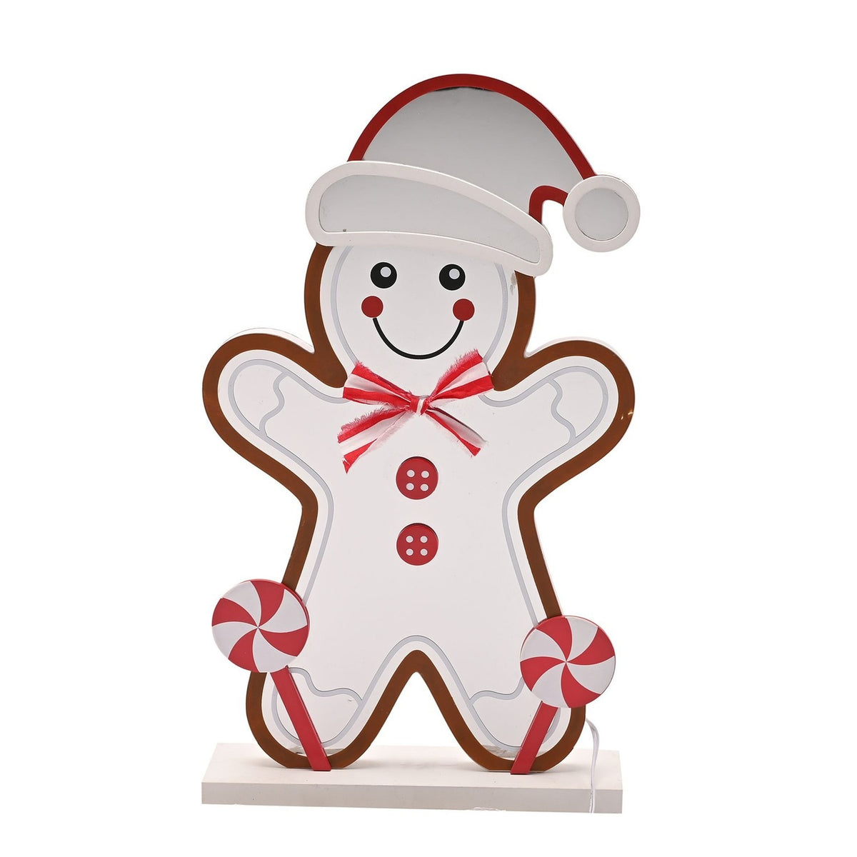 Infinity Gingerbread LED Light-Up Decoration, 34cm, standing on a white base with a Santa hat, bow, buttons, and peppermint lollipops at each foot, against a plain white background.