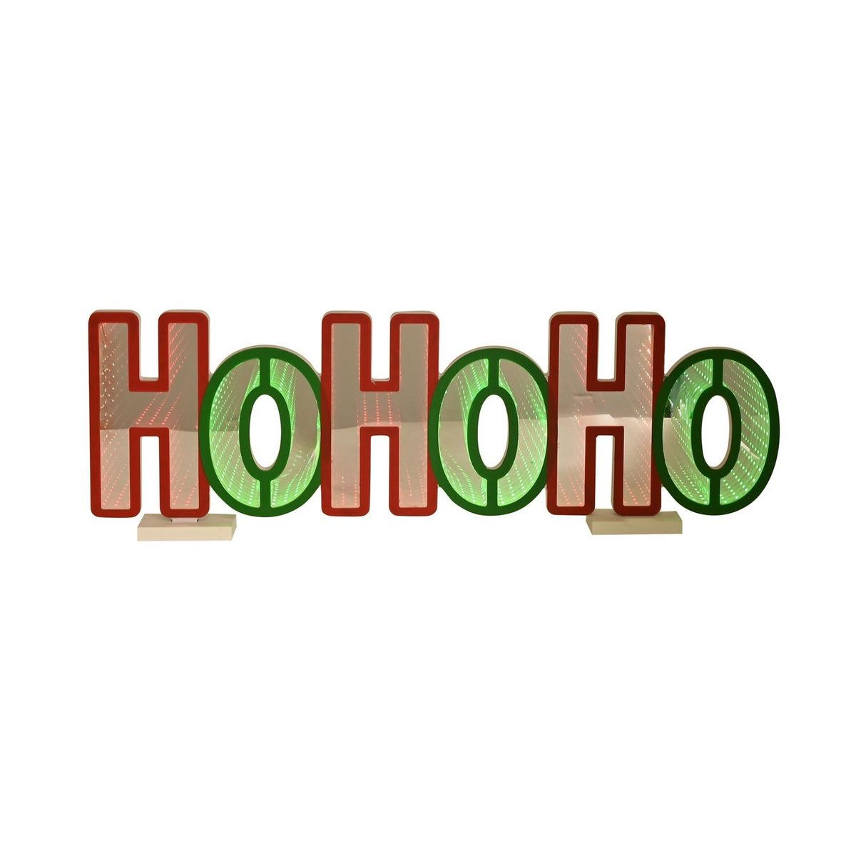 Infinity HoHoHo LED light-up decoration, 32cm, with red-edged H letters and green-edged O letters, mirrored silver faces, on two small stands against a plain white background.