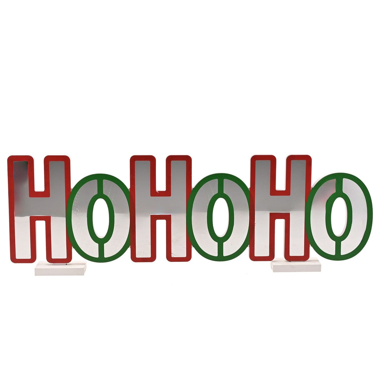 "Infinity HoHoHo LED Stand Light-Up Decoration, 32cm, with mirrored silver lettering edged in red and green on two white bases, shown on a plain white background."