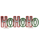 "Infinity HoHoHo LED Stand Light-Up Decoration, 32cm, with mirrored silver lettering edged in red and green on two white bases, shown on a plain white background."