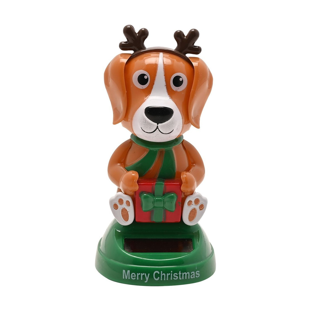 Christmas Dog Solar Bobble Head Plastic Figurine - Brown & Green