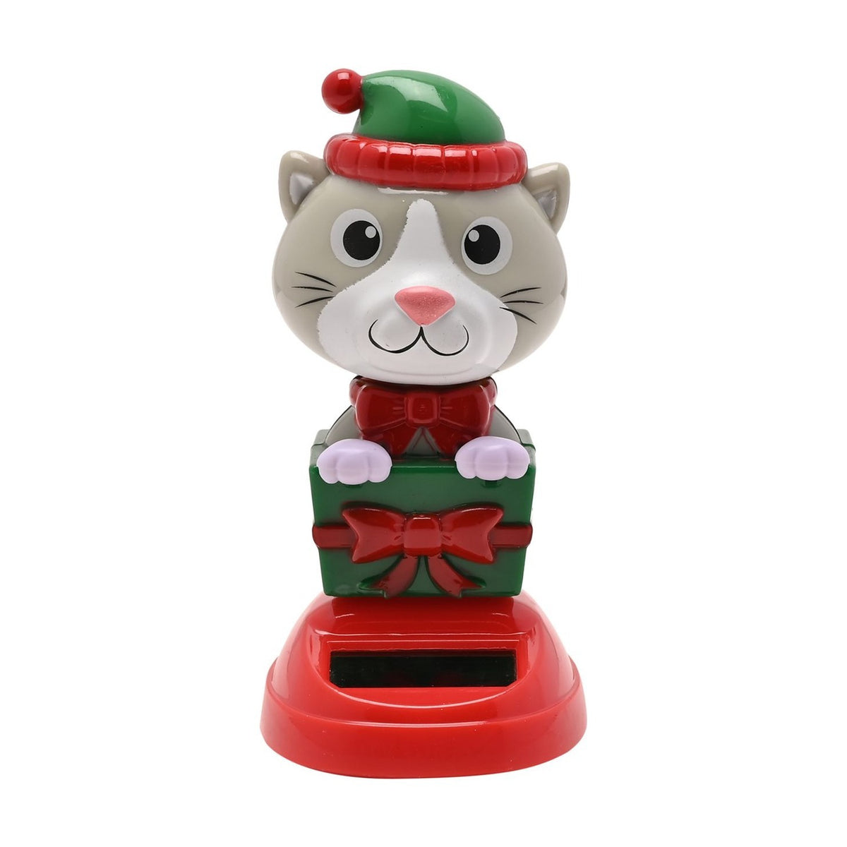 Christmas Cat Solar Bobble Head Plastic Figurine - Grey & Red