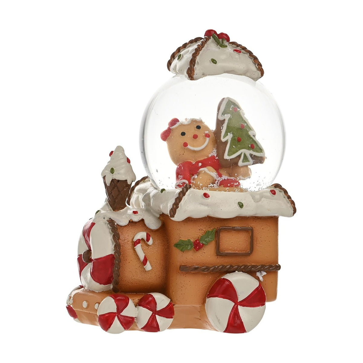 Iced Gingerbread Train Resin Snow Globe 9cm - Brown & White