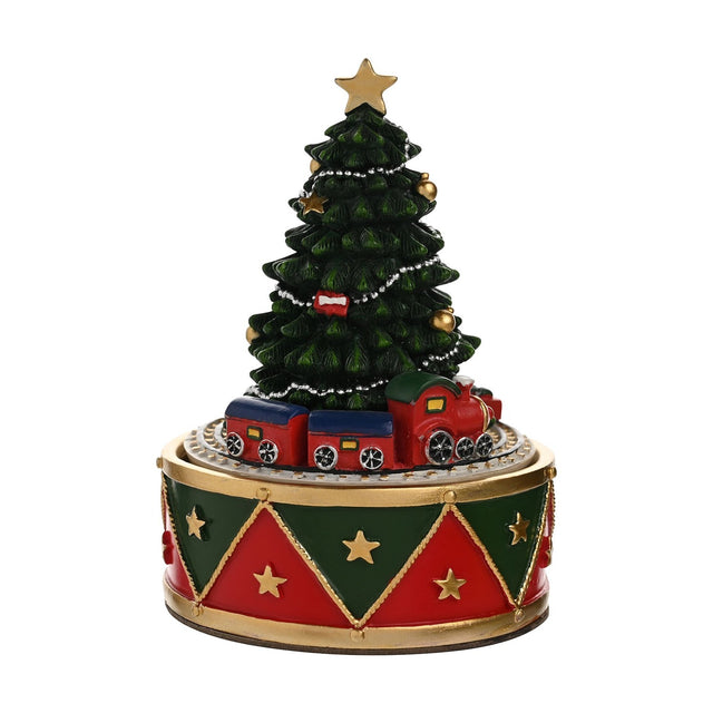 Wind Up Christmas Tree and Train Music Box featuring a green tree with silver garland, gold baubles and star topper, red train on a red and green star-patterned drum base, shown on a white background.