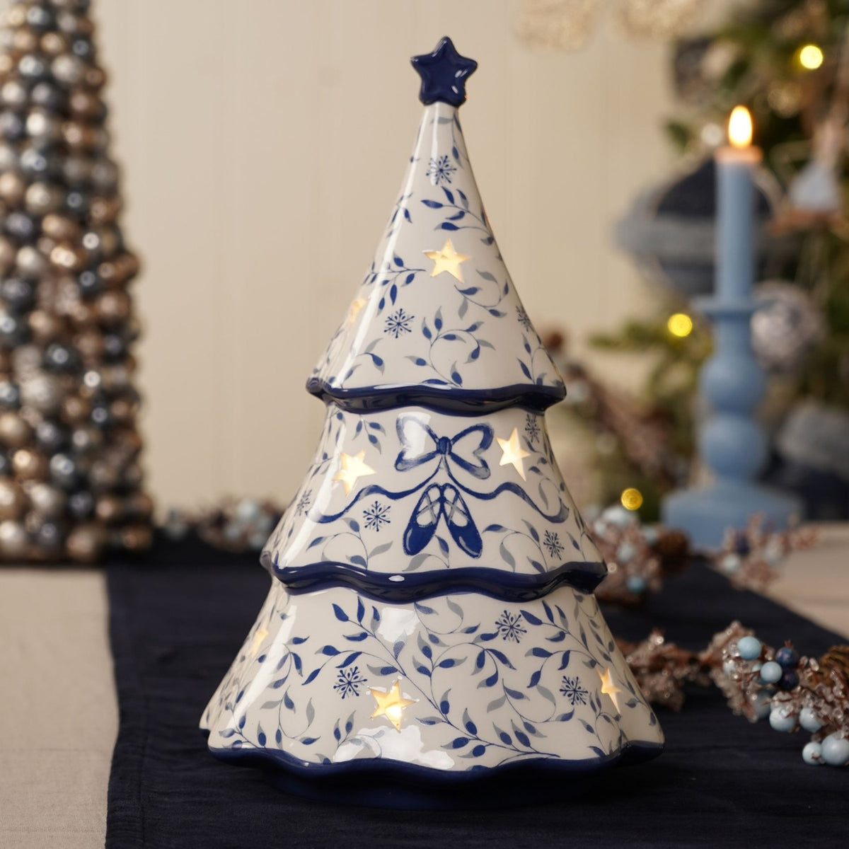LED Ceramic Christmas Tree Light-Up Decoration - Blue & White