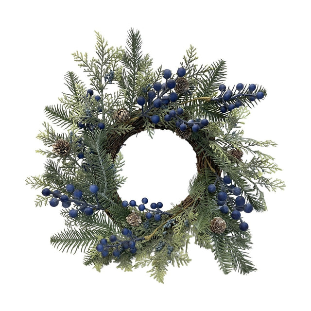 Round 40cm plastic Christmas wreath with mixed green pine foliage, clusters of deep blue berries, and small brown pine cones, shown on a plain white background.