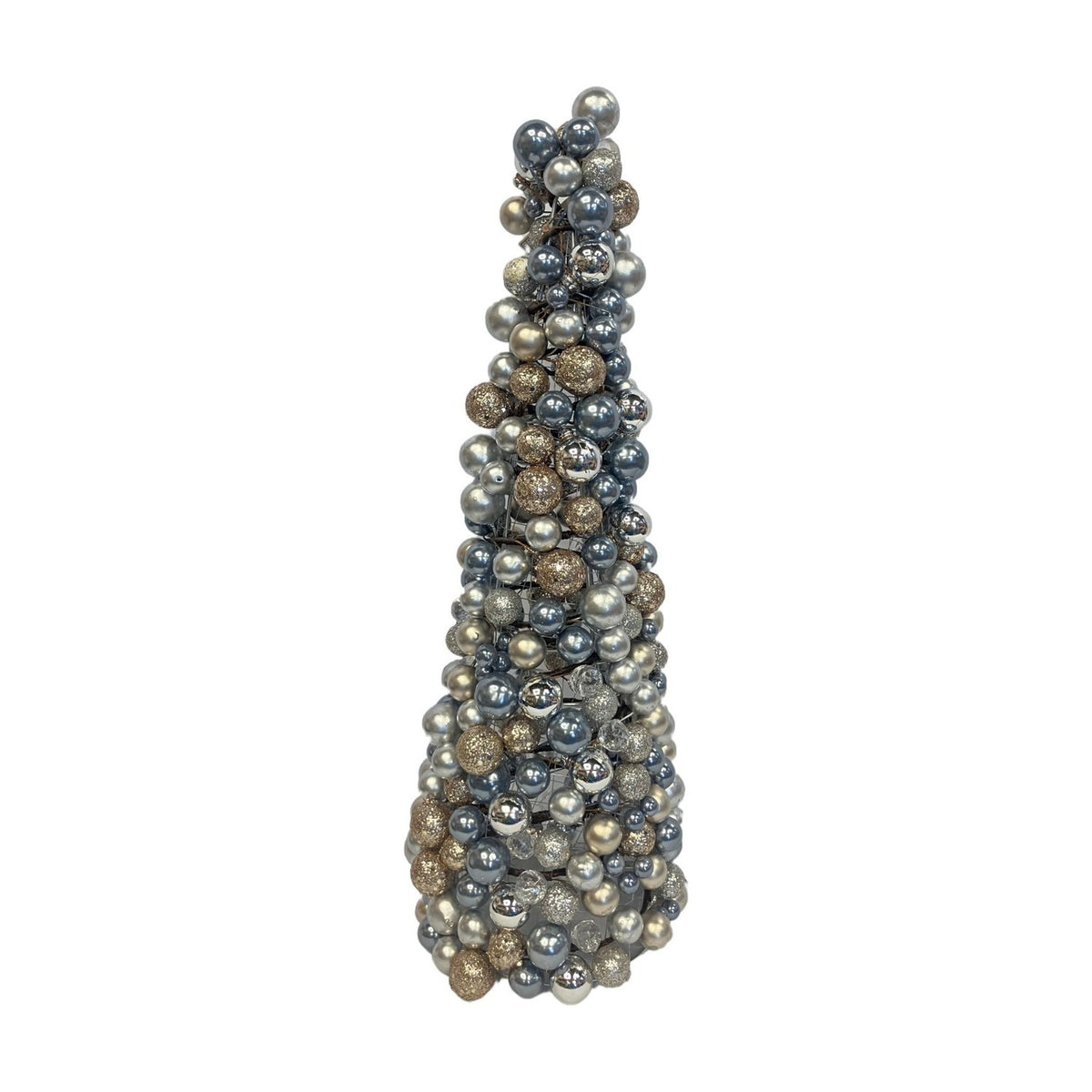 Cone-shaped Christmas tree decoration, 47.5cm, covered in clustered silver and gold metallic balls with glittered accents, tapering to a point on a plain white background.
