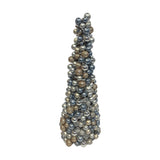 Cone-shaped Christmas tree decoration, 47.5cm, covered in clustered silver and gold metallic balls with glittered accents, tapering to a point on a plain white background.